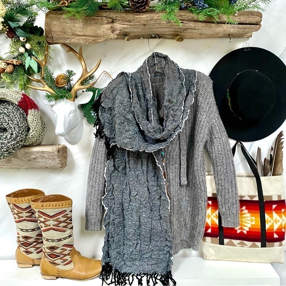 Herringbone wool blend rustic cabin boho scarf/wrap w cottage equestrian vibe